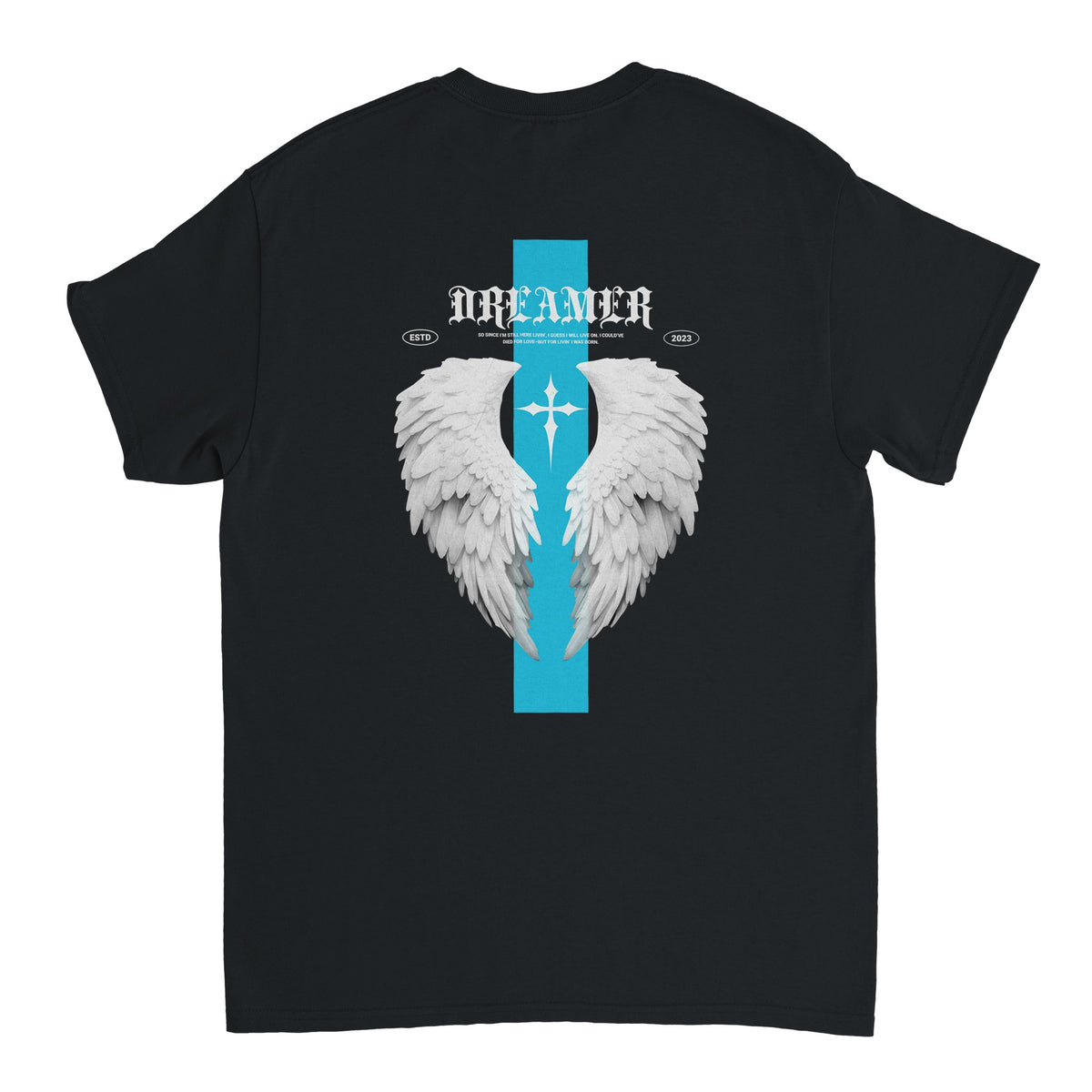 T-shirt nera Graffiourbano GU 0002 – grafica Dreamer con ali d'angelo e croce azzurra