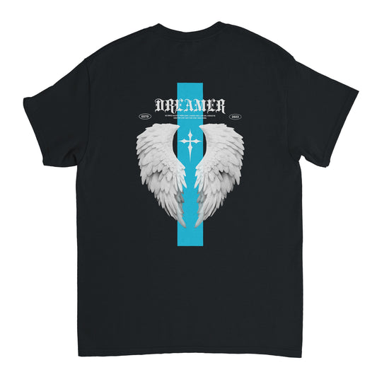 T-shirt nera Graffiourbano GU 0002 – grafica Dreamer con ali d'angelo e croce azzurra