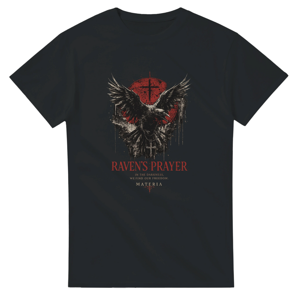  (retro con grafica): T-shirt nera Graffiourbano GU02 – grafica Raven's Prayer con corvo e croce su sfondo rosso