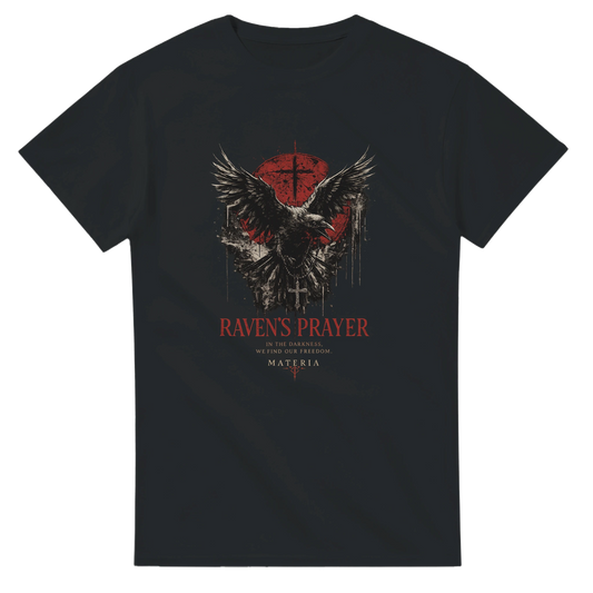  (retro con grafica): T-shirt nera Graffiourbano GU02 – grafica Raven's Prayer con corvo e croce su sfondo rosso