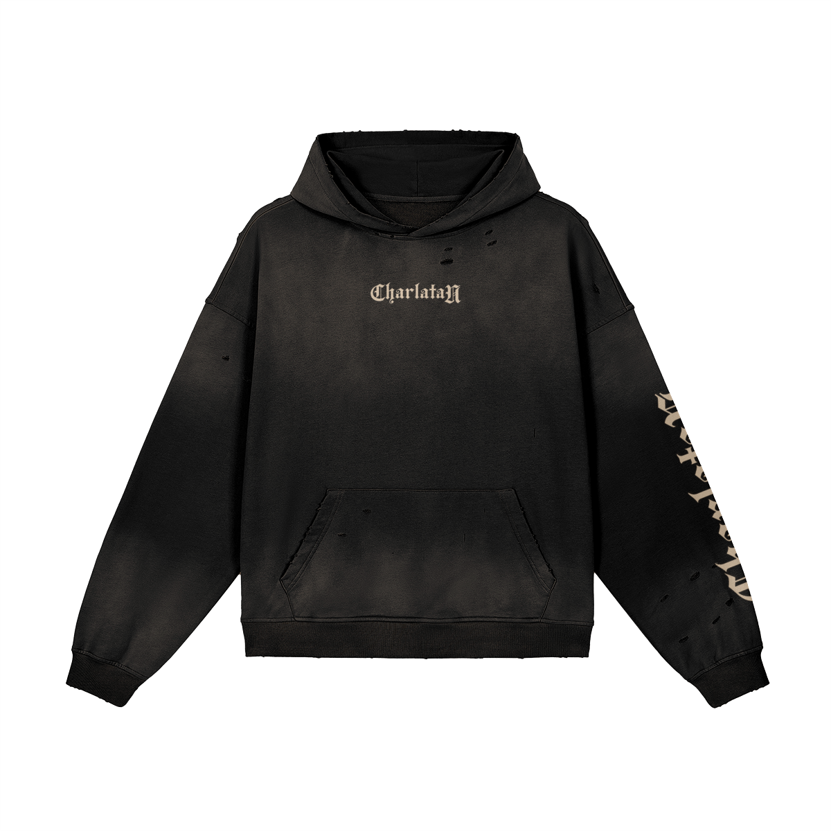 CharlataN Hoodie Graffiourbano nero – fronte con scritta gotica sul petto e logo sul manico