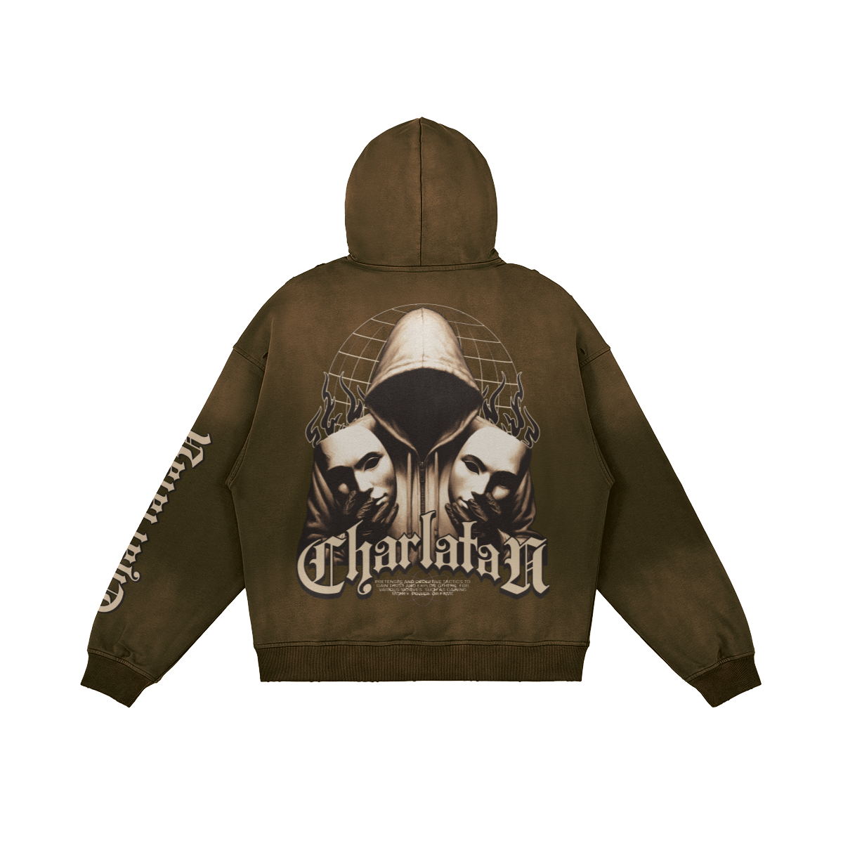 retro marrone scuro): CharlataN Hoodie Graffiourbano marrone – retro con figura incappucciata e maschere della commedia