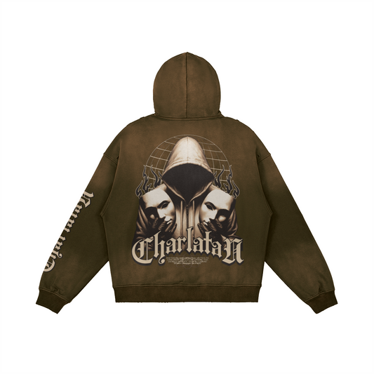 retro marrone scuro): CharlataN Hoodie Graffiourbano marrone – retro con figura incappucciata e maschere della commedia