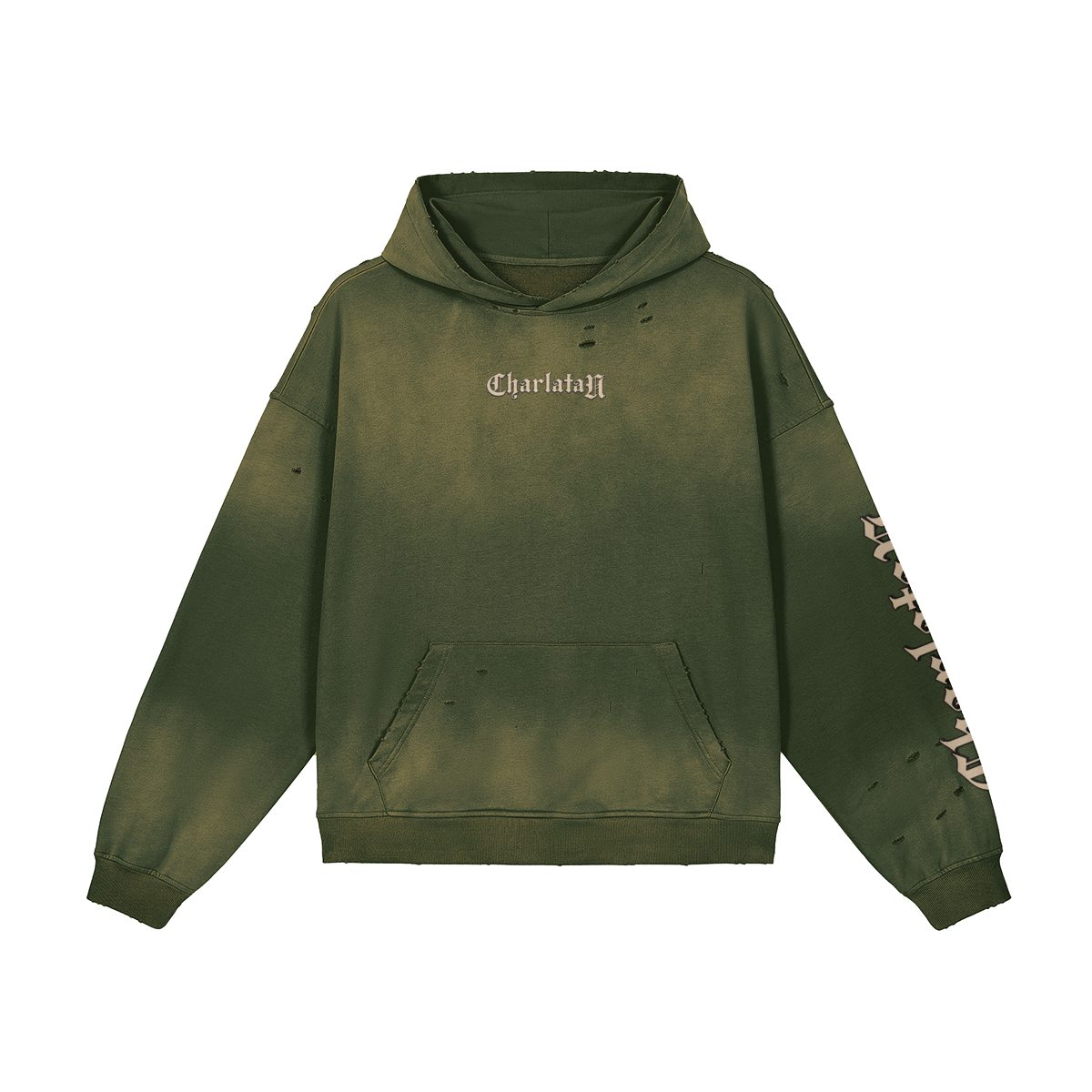  fronte verde con distressing): CharlataN Hoodie Graffiourbano BV Green – fronte con effetto distressed washed e logo gotico sul petto