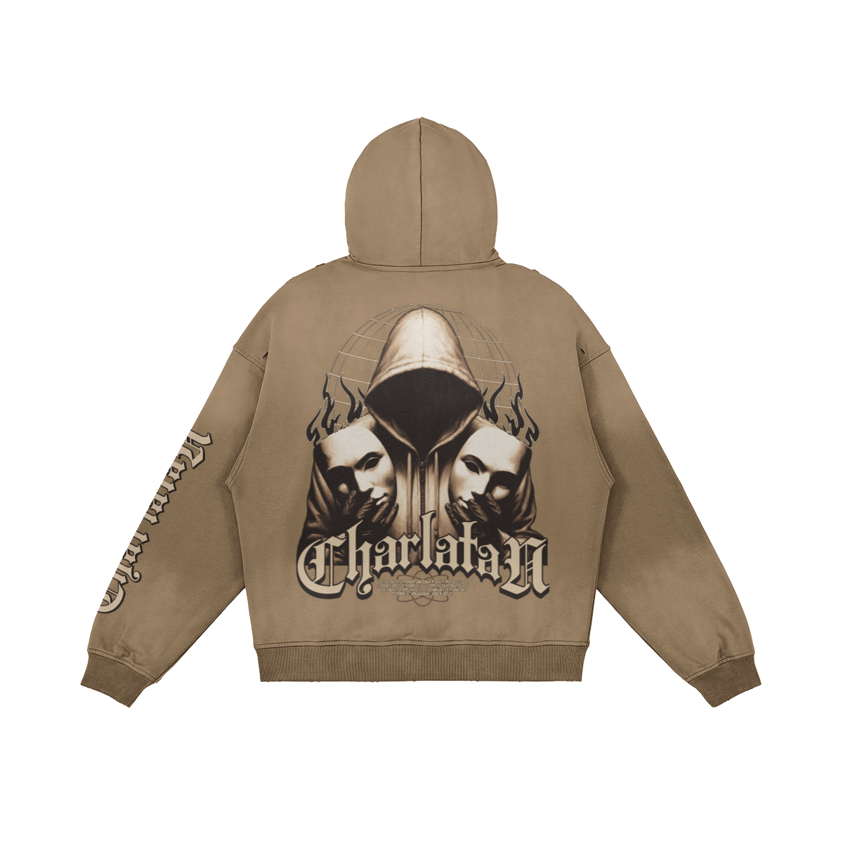 – retro cammello): CharlataN Hoodie Graffiourbano cammello – retro con grafica figura incappucciata e maschere